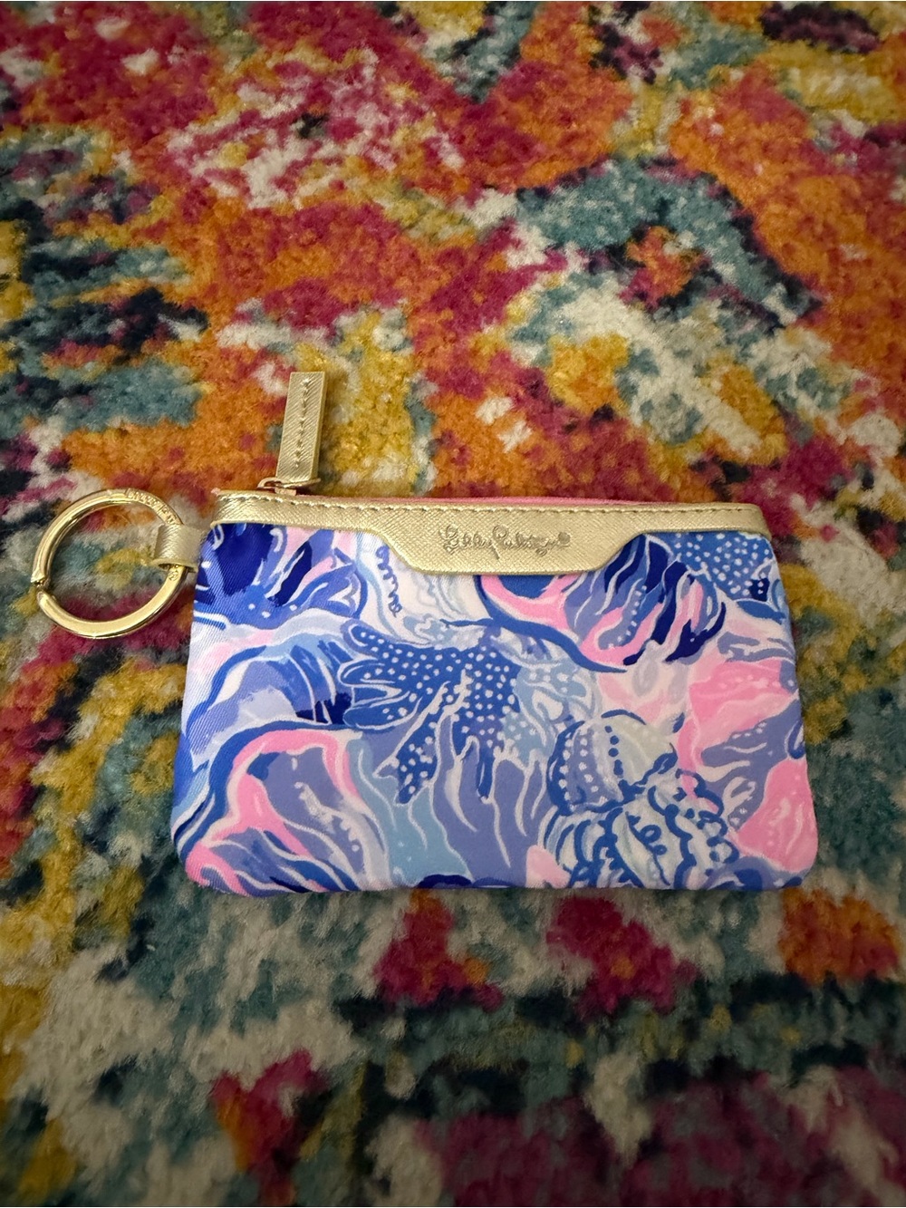 Lilly Pulitzer Pink, Blue & White Floral Key Pouch with Gold Ring